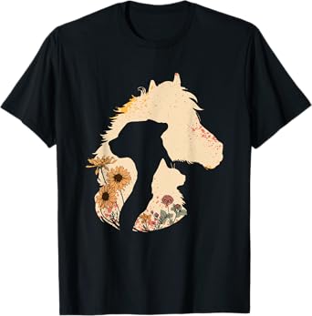 Horse Dog Cat Lover Boho Vintage Floral Girls Women Horse T-Shirt