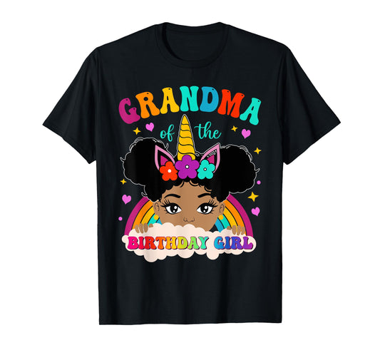 Grandma of The Birthday Girl Rainbow Afro Melanin Unicorn T-Shirt