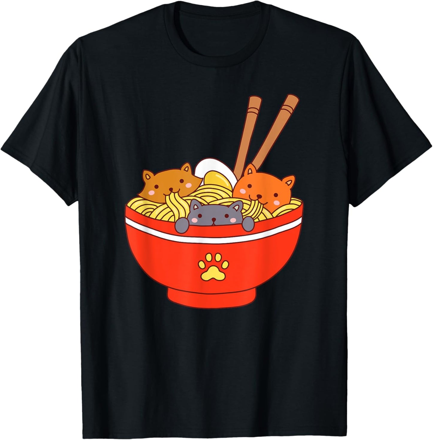 Three Cute Kawaii Cats Eating Japanese Ramen Noodles Bowl T-Shirt