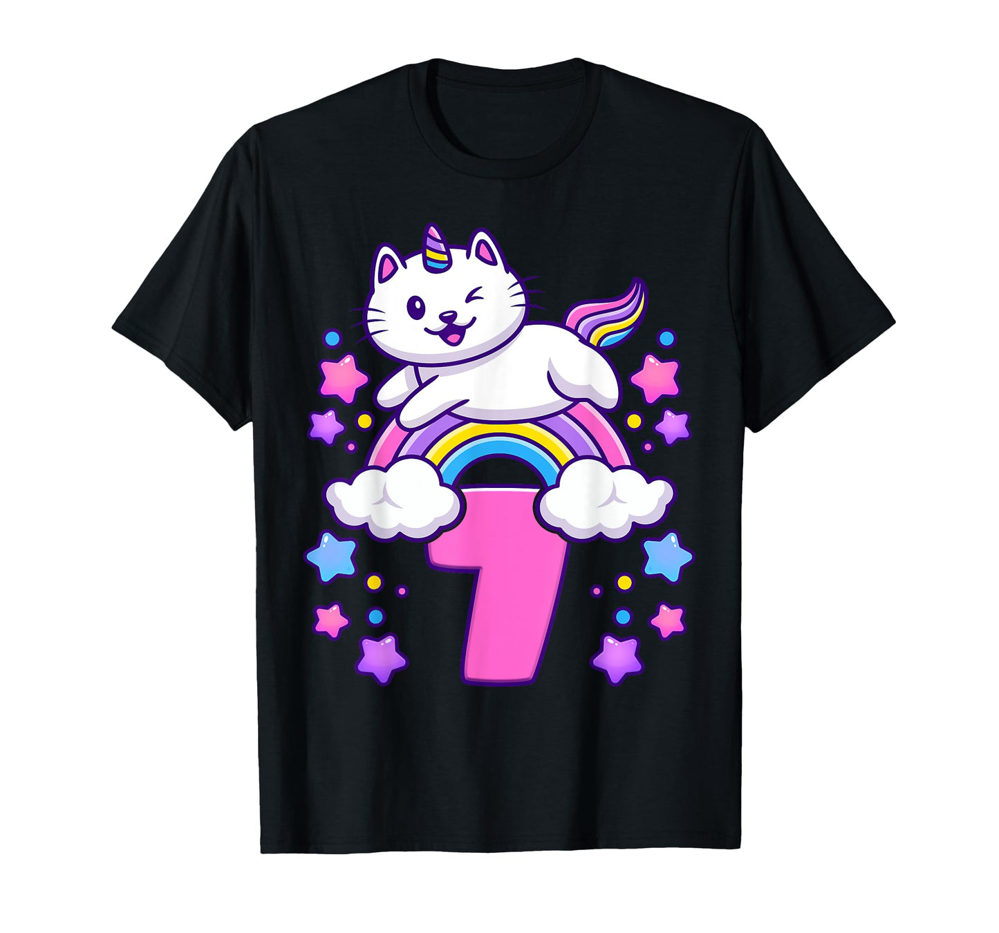 Birthday girl 7 years old, cat, unicorn, 7th birthday T-Shirt