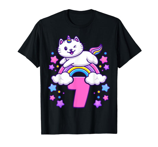 Birthday girl 7 years old, cat, unicorn, 7th birthday T-Shirt