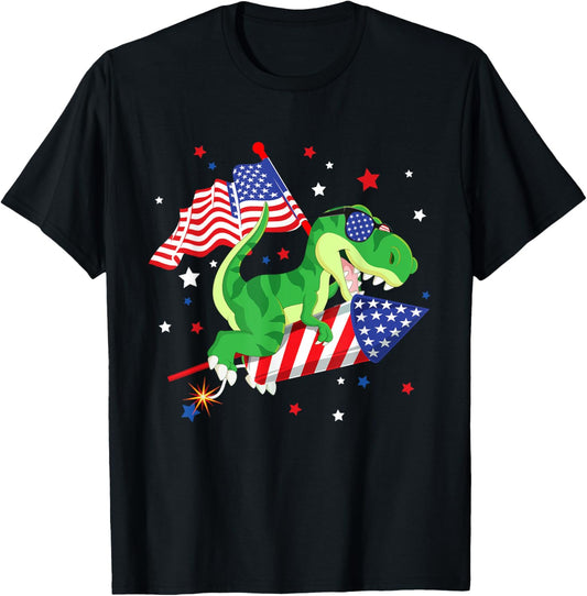 Patriotic Dinosaur Fireworks - USA American Flag 4th of July T-Shirt
