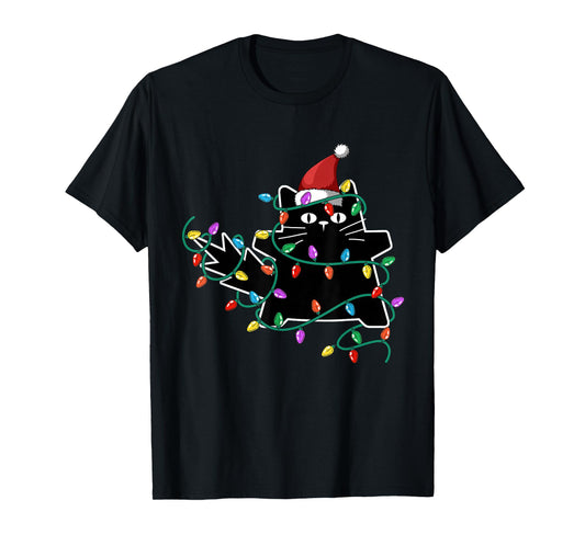 Black Cat Christmas Tree Lights Funny Santa Kitten T-Shirt
