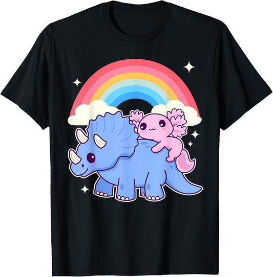 Cute Kawaii Axolotl With Triceratops Dinosaur And Rainbow T-Shirt