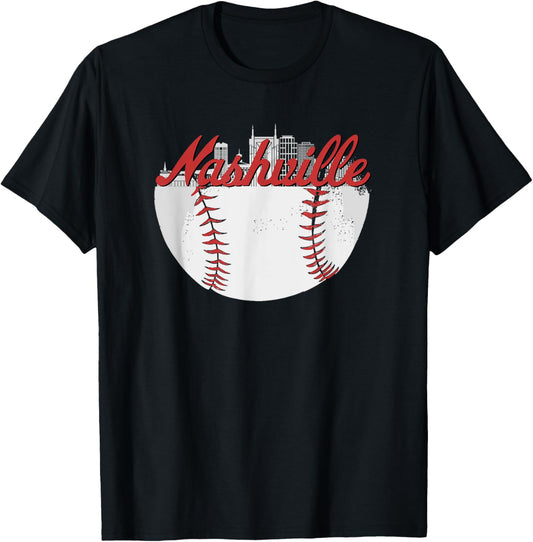 Nashville Skyline Cityscape Baseball Retro Vintage T-Shirt