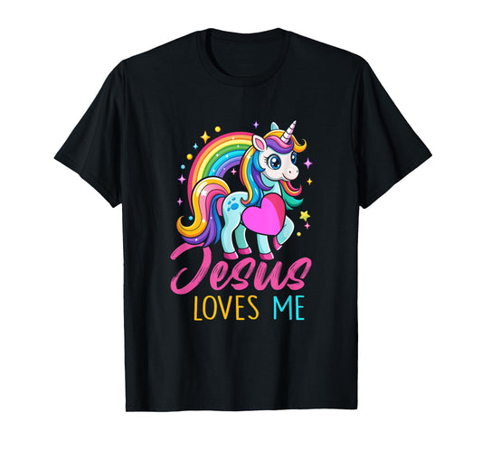 Kids Jesus Loves Me Christian Bible Girls Rainbow Unicorn T-Shirt