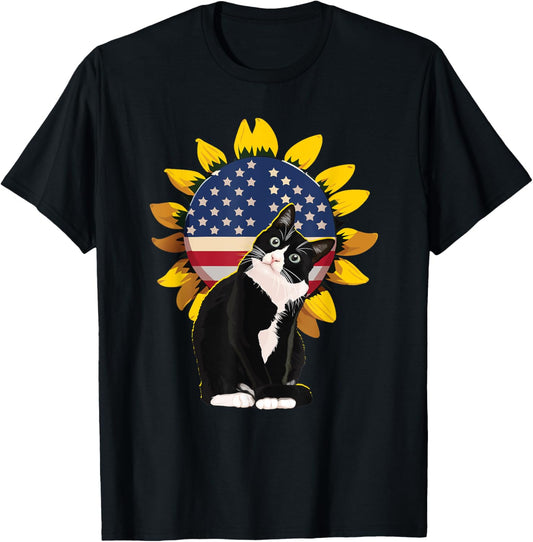Tuxedo Cat USA Flag July 4th Fourth Sunflower T-Shirt