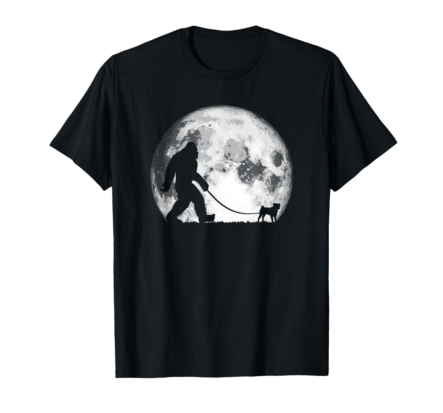 Bigfoot & Pug Funny Night Time Dog Walking Graphic T-Shirt