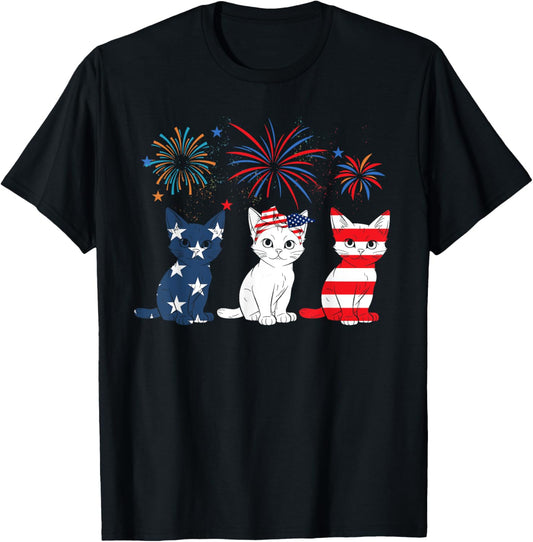Red White Blue Cat USA Flag Firework 4th Of July T-Shirt