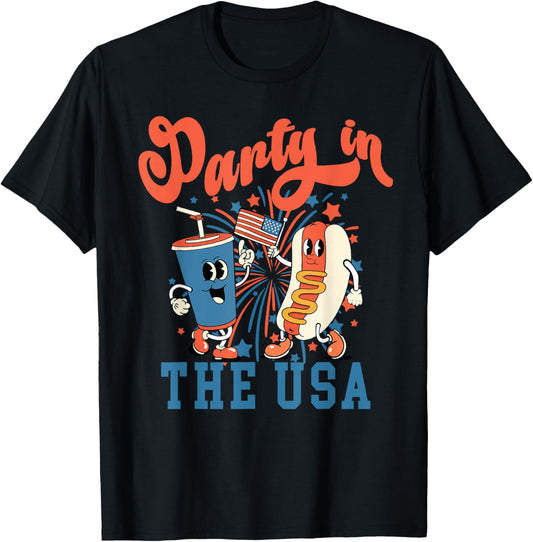 Party In The USA Hot Dog Fireworks American Flag 4th Of July T-Shirt