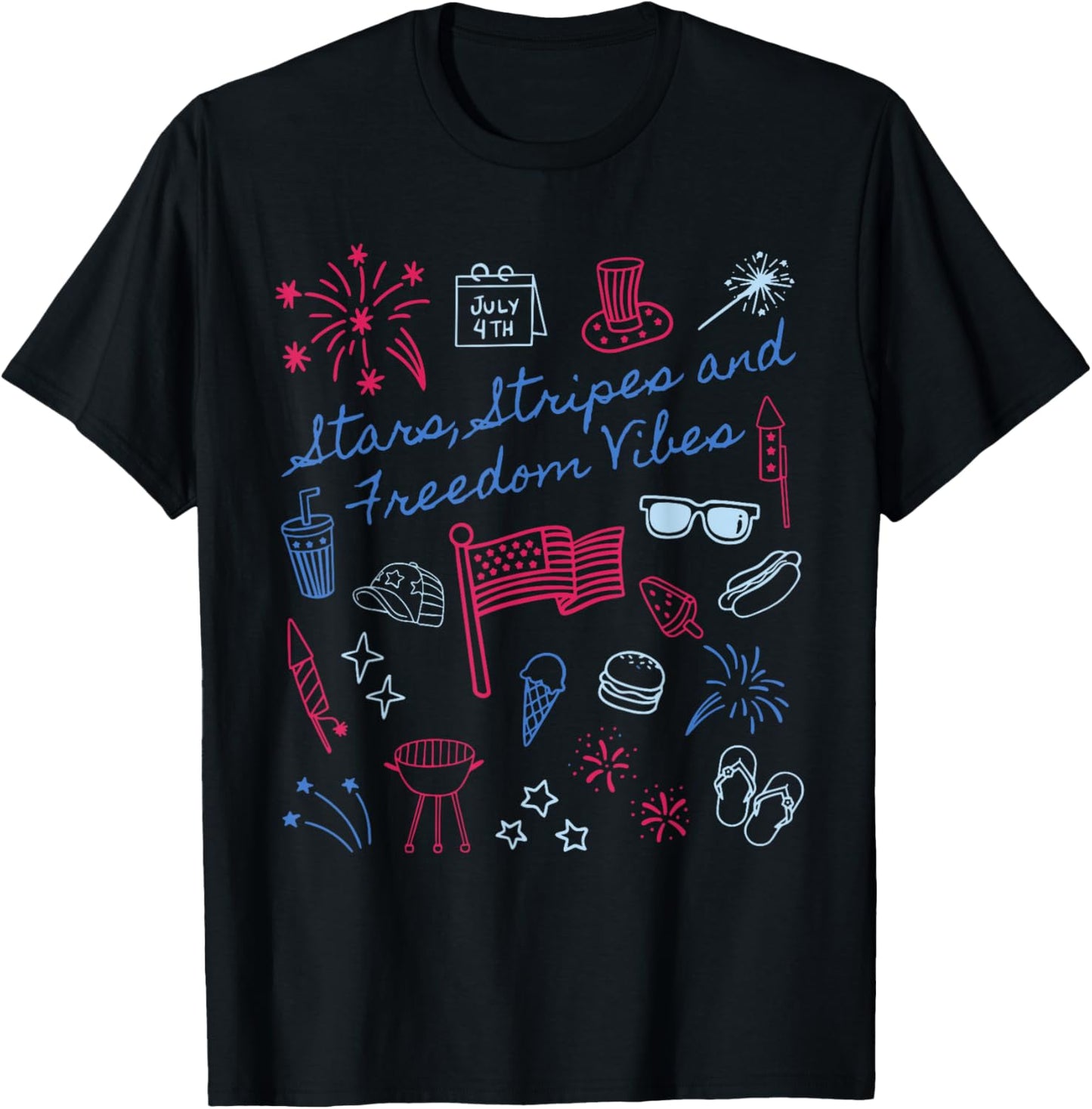 Stars Stripes and Freedom Vibes 4th of July Patriotic Womens T-Shirt