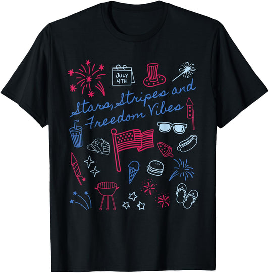 Stars Stripes and Freedom Vibes 4th of July Patriotic Womens T-Shirt