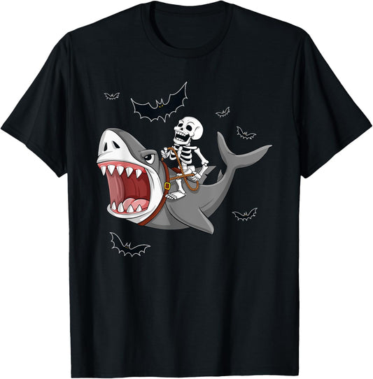 Skeleton Riding Shark Scary Halloween Boys Girls Kids T-Shirt