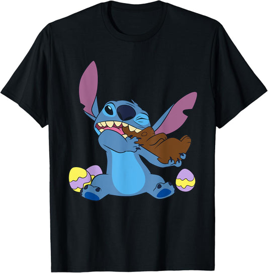 Disney Stitch Eats Chocolate Bunny with Easter Eggs Funny T-Shirt