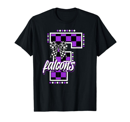 Falcons Checkered Letter School Spirit Mascot Purple Bow T-Shirt