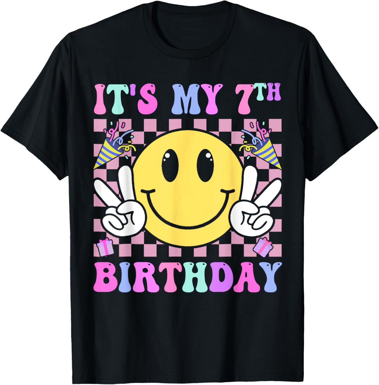 Groovy Smile Face It's My 7th Birthday Happy 7 Year T-Shirt