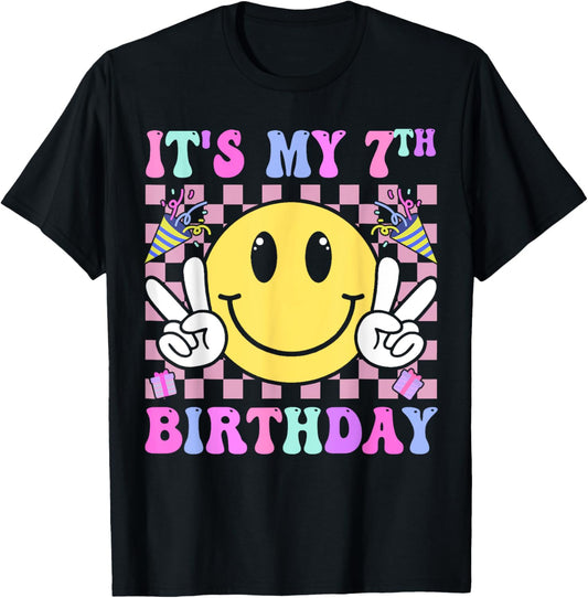 Groovy Smile Face It's My 7th Birthday Happy 7 Year T-Shirt