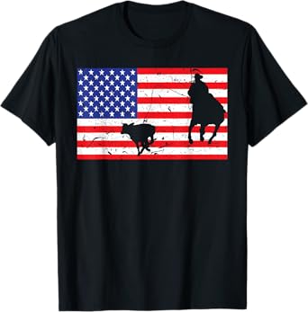 Distressed Roping USA American Flag Vintage Rodeo Calf Roper T-Shirt