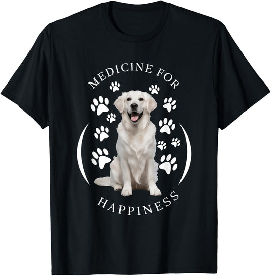 Medicine for Happiness Dog Women Men Kids Cute Puppy Funny Black Classic Animal Print Short Sleeve T-Shirt