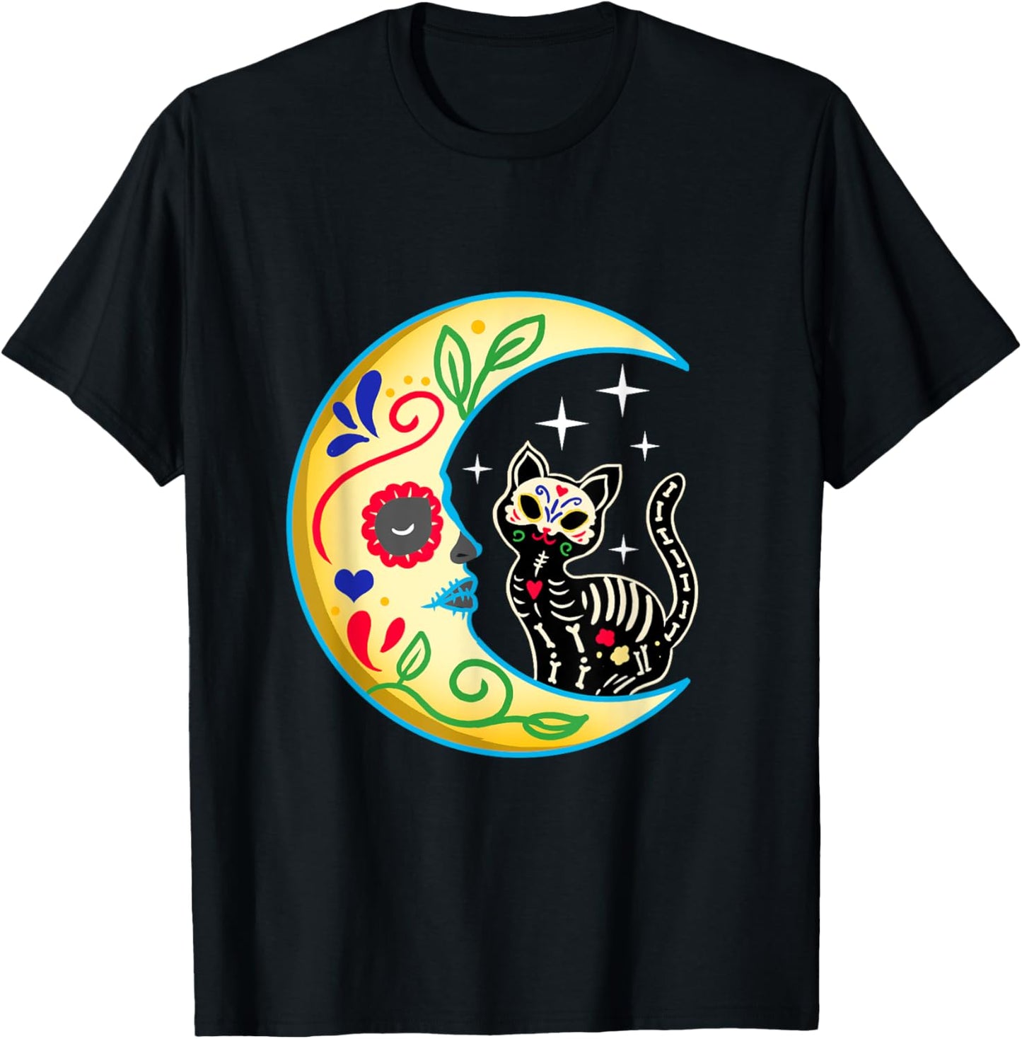 Cat & Moon Sugar Skull Dia de Los Muertos Day of The Dead T-Shirt