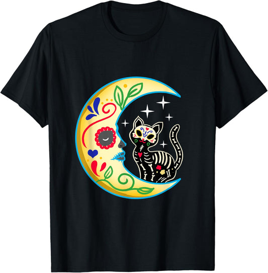 Cat & Moon Sugar Skull Dia de Los Muertos Day of The Dead T-Shirt