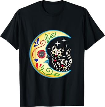 Cat & Moon Sugar Skull Dia de Los Muertos Day of The Dead Men Women Girls Kids T-Shirt
