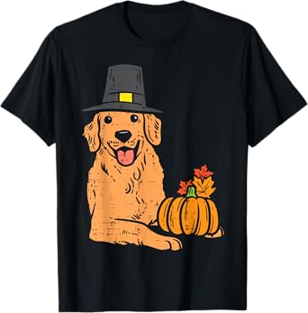 Golden Retriever Pumpkin Leaves Thanksgiving Halloween Dog Men Women Kids T-Shirt
