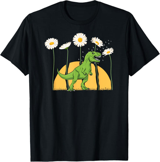 Dinosaur Spring Sunset Towering Daisy Flowers Dino T rex T-Shirt