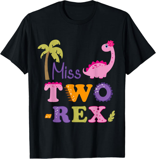 Girl Second Birthday Miss Two-Rex 2nd Bday Party Dinosaur T-Shirt