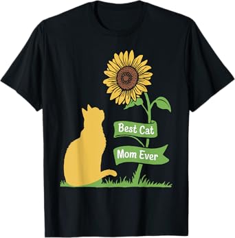 Best Cat Mom For Women Funny pet Kitty Sunflower Cat Lover T-Shirt