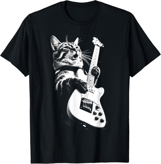 Rock Cat Playing Guitar - Funny Guitar Cat T-Shirt