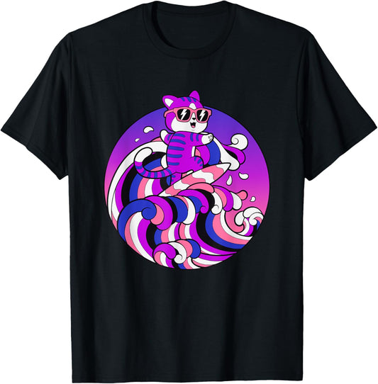 Funny Genderfluid Shirt Surfing Cat Gender Fluid Pride Flag T-Shirt