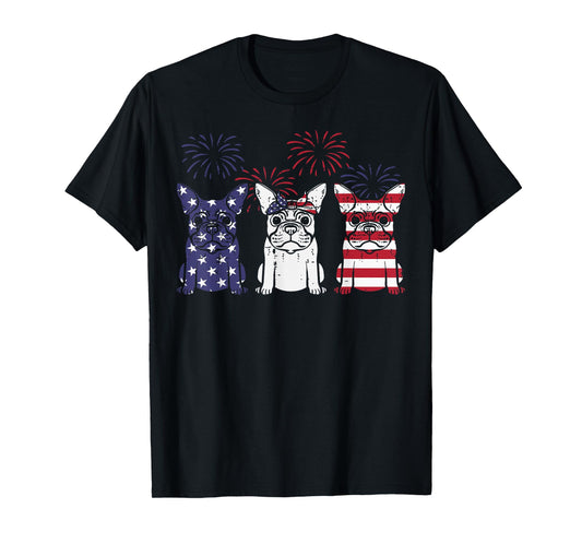3 US Flag French Bulldogs 4th Of July Patriotic Frenchie Dog T-Shirt