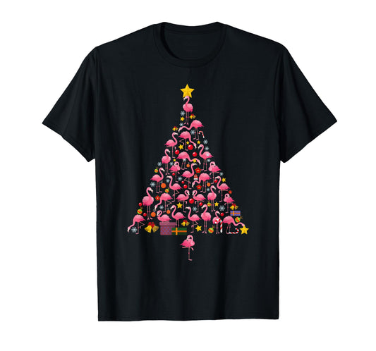 Funny Flamingo Christmas Tree Ornithologist Xmas Women Men T-Shirt