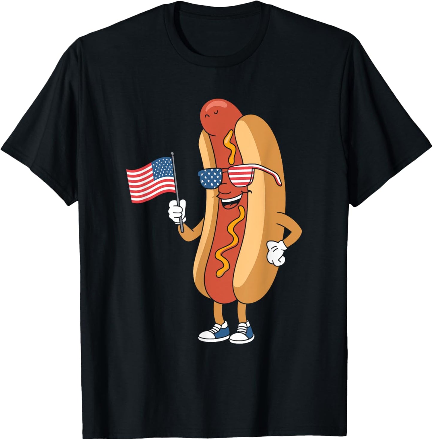 Patriotic Hot Dog with Sunglasses and American Flag Fun T-Shirt