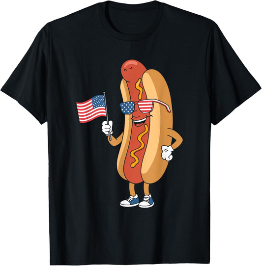 Patriotic Hot Dog with Sunglasses and American Flag Fun T-Shirt