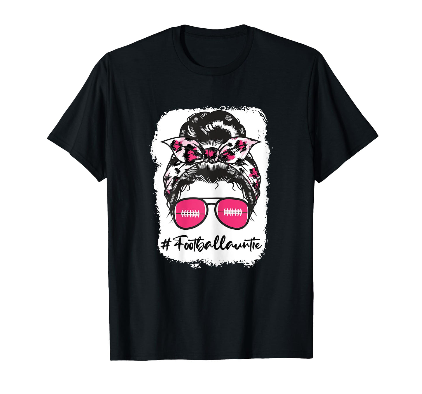Bleached Football Auntie Pink Leopard Print Messy Bun T-Shirt