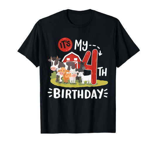 Farm Animals Its My 4th Birthday Bday Party 4 Years Old Kids T-Shirt