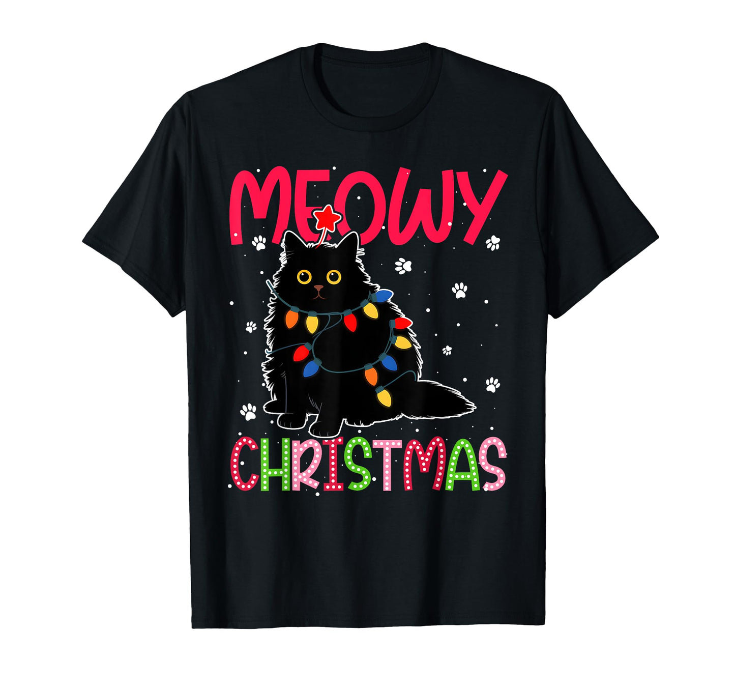 Meowy Christmas Xmas Lights Black Cat Pajamas Family Funny T-Shirt