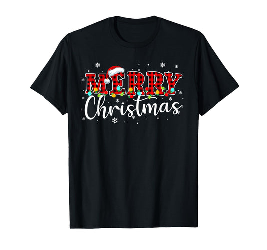 Merry Christmas Buffalo Plaid Red Santa Hat Xmas Pajamas T-Shirt