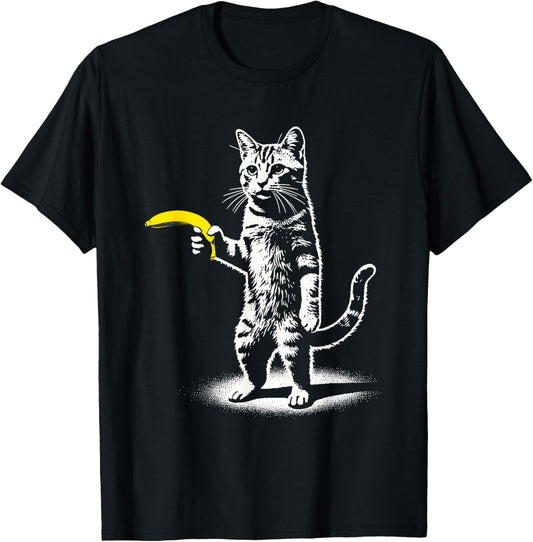 Retro Cat with Banana Meme Men Women Kids Novelty Funny Cat T-Shirt