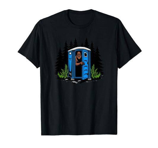Utopia Sport Bigfoot Shop Bigfoot Peeking Out Of A Porta Potty In The Woods T-Shirt