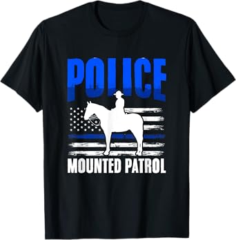 American Flag Thin Blue Line Horse Police Mounted Patrol T-Shirt for Women Men