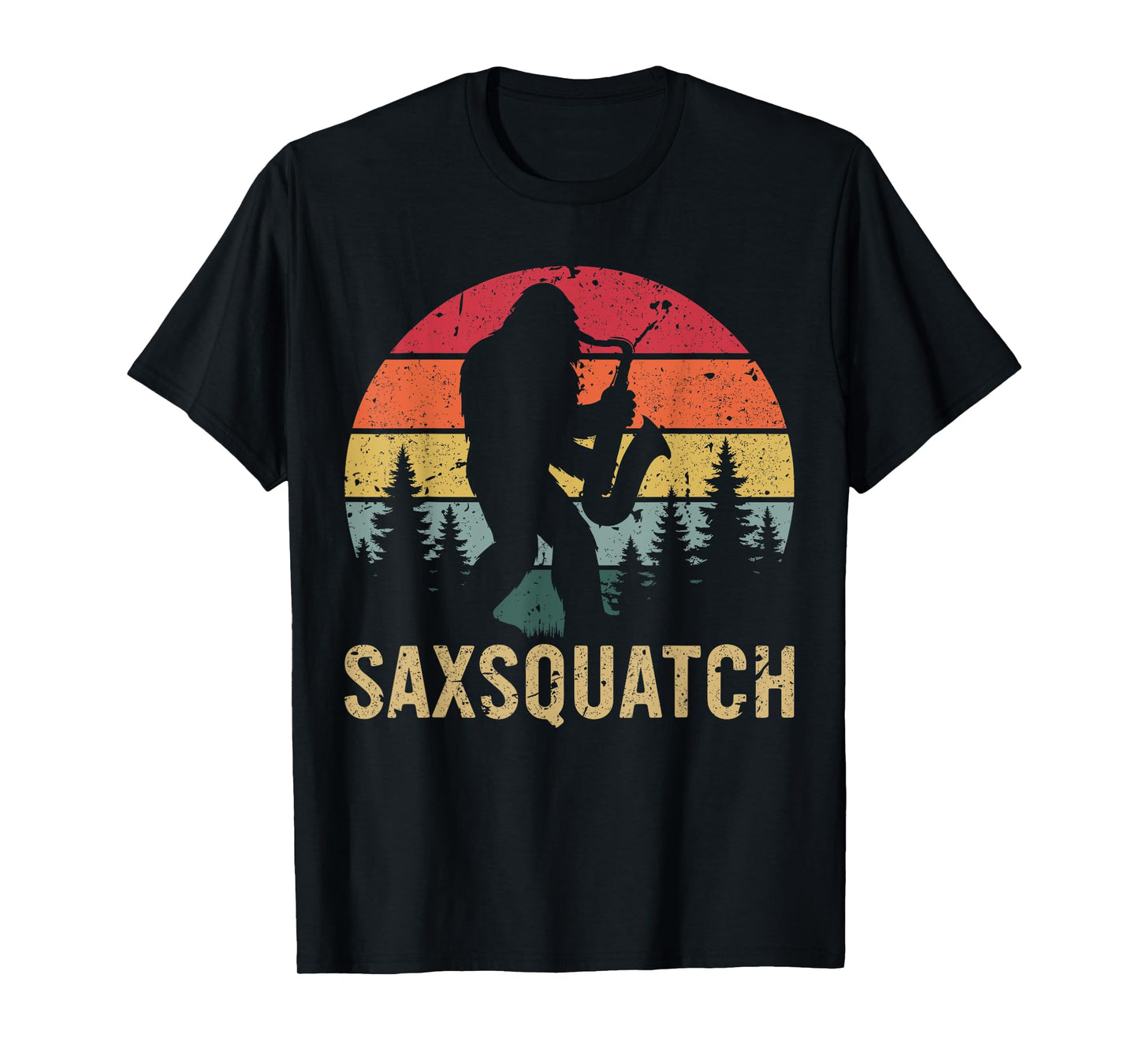 SaxSquatch Retro Sunset Yeti Bigfoot Saxophone Music Forest T-Shirt