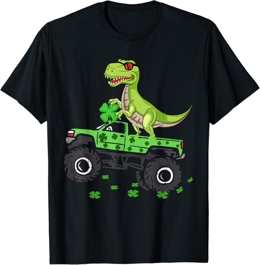 St Patricks day boys kids Shamrock lucky truck trex Irish T-Shirt