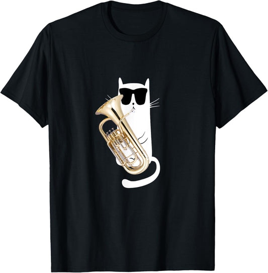 Funny Cat Wearing Sunglasses Playing Euphonium T-Shirt