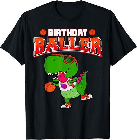 Kids T-rex Dinosaur Birthday Baller Basketball Party Boy T-Shirt