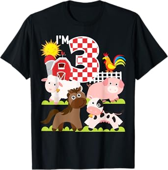 Farm Animals Barnyard 3rd Birthday I'm 3 Year Old Toddler T-Shirt