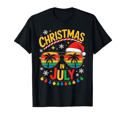 Santa Claus Hat Sunglasses Beach Outfit Christmas in July T-Shirt