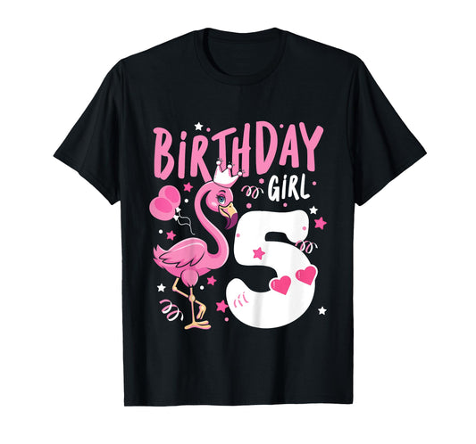 Kids 5th Birthday Gift Flamingo Fan 5 Year Old Girls 5th Bday T-Shirt